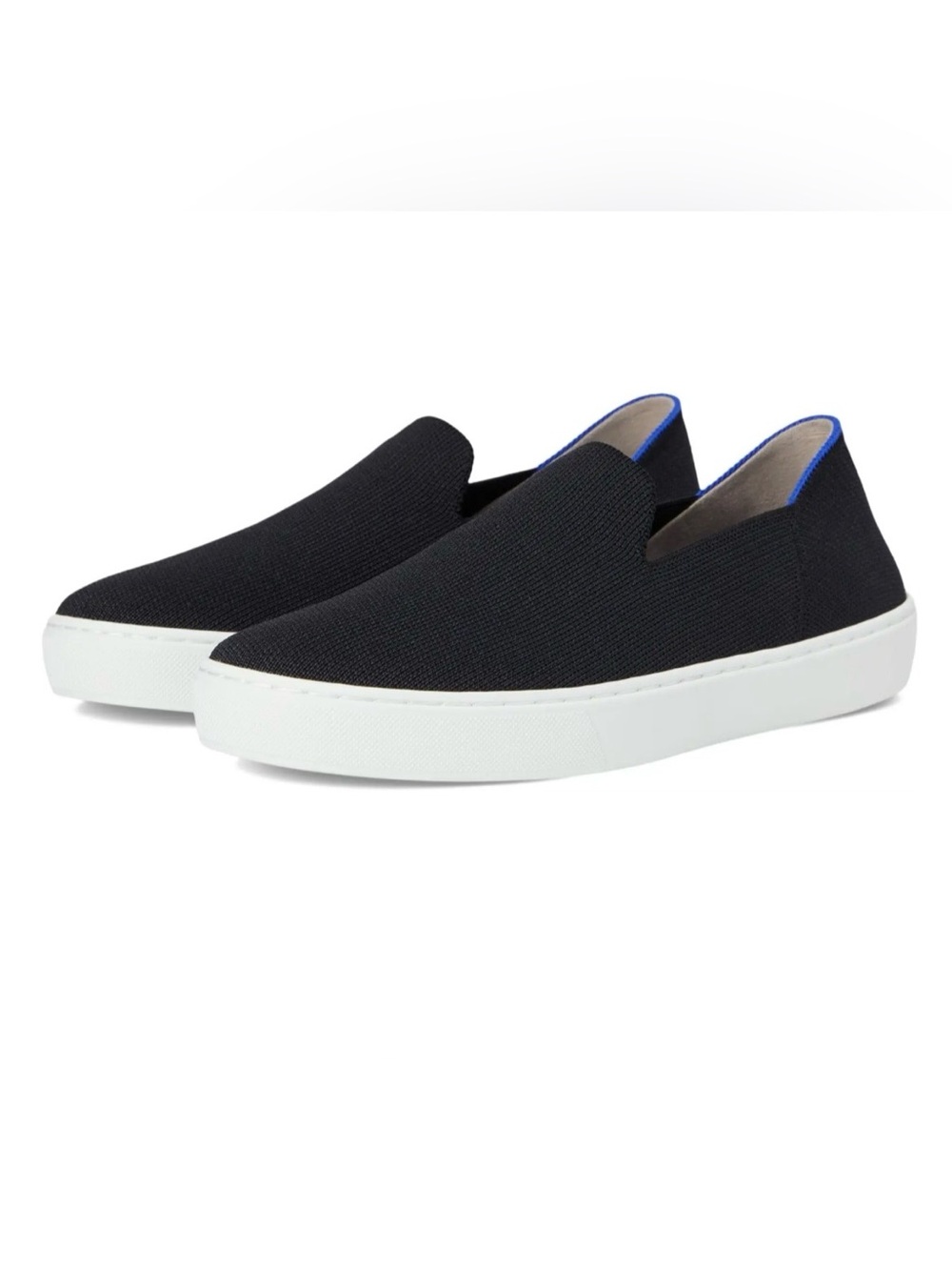 Rothy's Black Knit Slip-On Sneakers with White Sole and Blue Trim